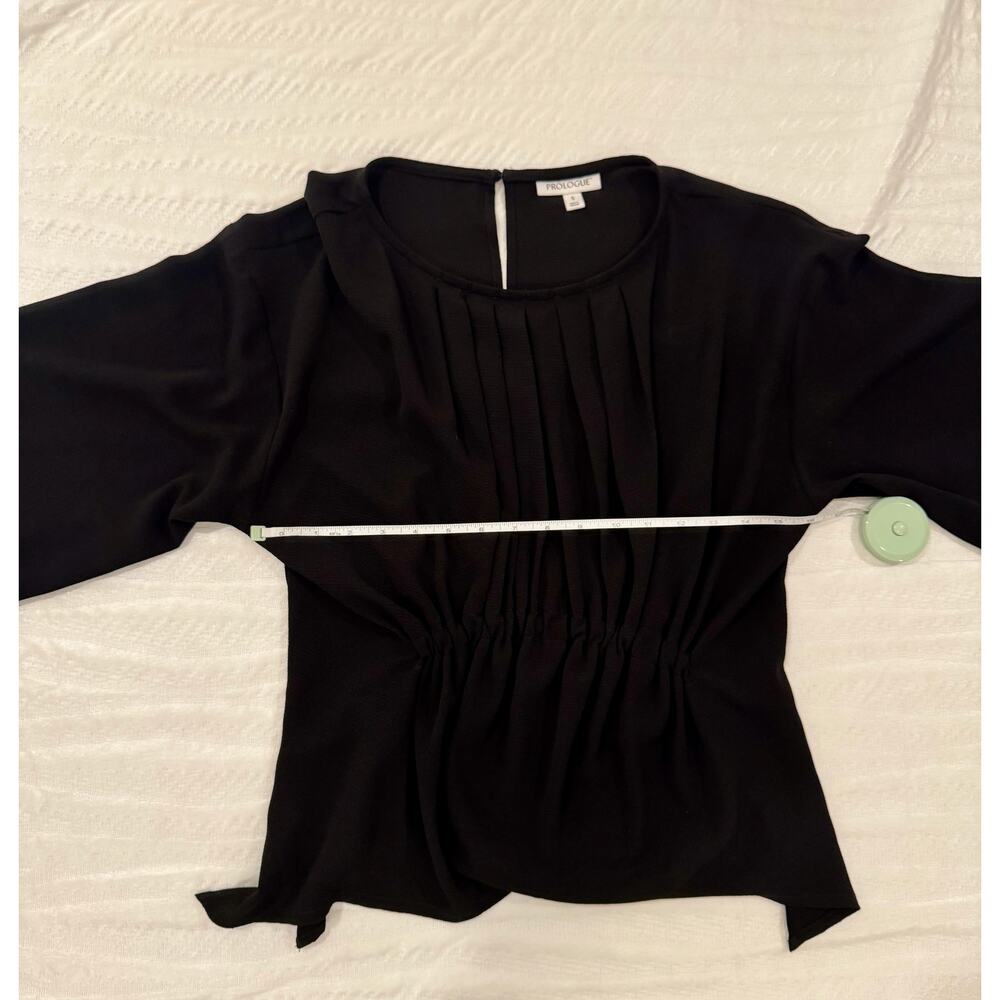 Black Pleated Blouse Pintuck 3/4 Sleeve Stretch Woven Minimalist Small Workwear - Picture 9 of 15